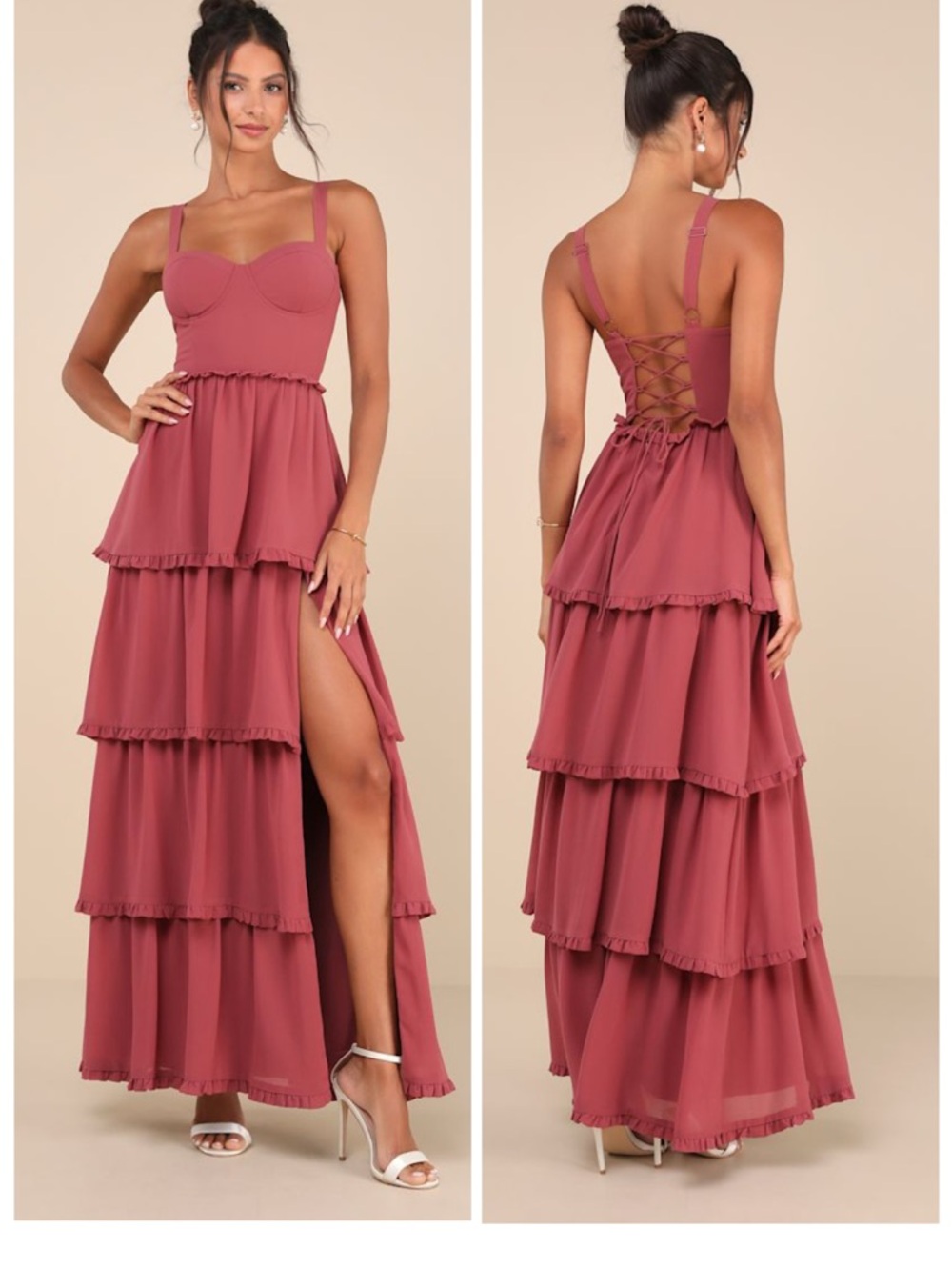 Lulus Sophisticated Occasion Rusty Rose Bustier Lace-Up Maxi Dress Size Large